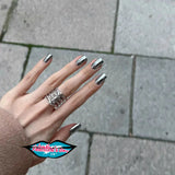 Popxstar  10PCS Metal Handmade Press on Nails Acrylic Magic Full Cover Fake Nails Reusable Adhesive Silver Artificial Cool Manicure Art