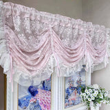popxstar Korean Romantic Pink Flower Ruffled Lace Small Curtain Pink Tie up Adjustable Sheer Window Drapes For Living Room and Bedroom