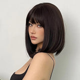 Popxstar Short Black Brown Synthetic Natural Hair Wigs for Women Bob Straight Wig with Bangs High Temperature Daily Cosplay Party Wigs