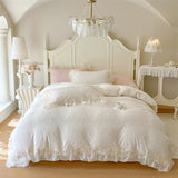 Popxstar  Romantic Lace Ruffles Princess Style Bedding Set Carved Velvet Warm Winter Duvet Cover Flat/Fitted Bed Sheet Pillowcases 4Pcs