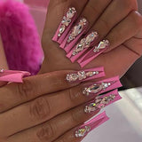 Popxstar 24Pcs Ballet Nails Set Press on Green Flower Deisgn Long Square Head False Nails with Rhinestone Wearable Full Cover Fake Nail
