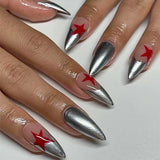 popxstar French White Tips Almond False Nails Y2K Black Star Designs Charm Fake Nail Full Cover Ballet Press on Nails Artificial Manicure