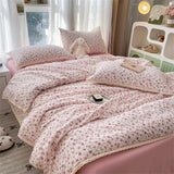 Popxstar INS Girls Cherry Soft Bedding Set Washed Cotton Bed Sheet Queen King Size Duvet Set Flower Comforter Set Pillowcase Bed Linens