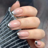 Popxstar 24pcs Short Almond Fake Nails White French Bow Design Stick on False Nail Art Simple Pink Artifical Press on Nails Sets Finished
