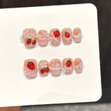 10pcs 3D Strawberry Bow Press on Nails Sweet Cute Square False Nails Flowers Pearl Stick on Nails Cat Eye French Fake Nail Art