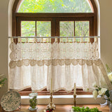 Rustic Cutout Lace Splicing Curtain with Tab Top Imitation Hemp Vintage Farmhouse Curtain Kitchen Window Half Curtain