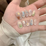 10pcs Cute Cat Eye Fake Nails Spring Simple Press on Nails Removable Hand Drawn Heart Star Moon False Nails Short Oval Nail Art