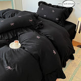 Popxstar 3pcs bow embroidery Bedding set ruffles Duvet Cover Set (1*Duvet Cover + 2*Pillowcase, Without Core)for bedroom guest room