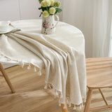 Popxstar Round Tablecloth Solid Color Tassel Cotton Linen Table Cover for Kitchen Dining Party Farmhouse Tabletop Decoration Accessories