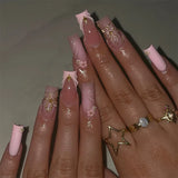 Popxstar  24Pcs Long Coffin Fake Nails Sweet Pink Ballet Press On Nails French Tips Ballerina False Nails Flower Bowknot Pearls Designs