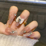 Popxstar 24pcs Red Ballet False Nails Butterfly Fake Nail Glitter Short with Rhinestone French Design Full Cover Press on Nails Tips Art