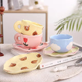 Popxstar  Ceramic Coffee Mug and Saucer Set Hand Pinching Irregular Cute Pattern Milk Juice Afternoon Tea Water Cup Girl Flower Tea Cup