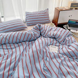 Popxstar  Simple Style Red And Blue Strip Duvet Cover Set Bed Sheet Set Washed Cotton Bedding Set