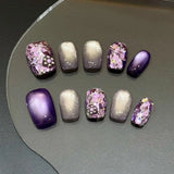 10Pcs Noble Purple Handmade Press on Nails Delicate Short Square Fake Nail Sweet Cool Y2k Diamond False Nails Cat Eye Nails Art