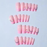 Popxstar  24Pcs Pink Ballet False Nails Mid-length Coffin Press On Nails French Tips Stick-on Fake Nails Shiny Diamond Bowknot Decor