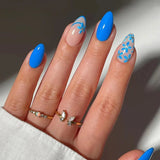 Popxstar  24pcs Simple Love Design False Nails Art Press on Bow Flower Datachable Fake Nails Sets Polka Dots Blue Short Oval Manicure Tips