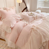 Popxstar Chiffon Lace Bedding Set Pink France Romantic Princess Wedding Ruffles Bow Soft Duvet Cover Bed Sheet Pillowcases Home Textile