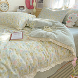 Popxstar  Floral Bedding Set Korean Style Duvet Cover Set Bed Linen Set Flat Sheets Set 2 Pillowcases Single Double Queen Size For Student