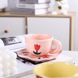 Popxstar  Ceramic Coffee Mug and Saucer Set Hand Pinching Irregular Cute Pattern Milk Juice Afternoon Tea Water Cup Girl Flower Tea Cup