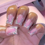 Popxstar 24pcs Glitter Short Square Fake Nails Sets Rhinestones French Design False Nail Tips Reusable Pink Press on Nails Tips Manicure