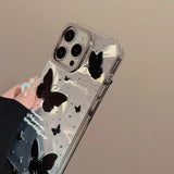 Popxstar Holographic Black Butterfly Phone Case with Lanyard for iPhone 15 PRO MAX  PLUS 14 13 12 Reflective Fashionable Phone Cover