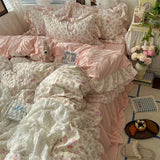 Popxstar 3/4Pcs Korean Princess Style Floral Ruffles Bedding Set Skin-friendly Soft Duvet Cover Set Bed Sheet Or Bed Skirt Pillowcases