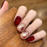 Popxstar  24pcs Press on Nails Cat's Eye Red Full Cover Nail Tips Gilded Short Square Fake Nails Art with Flower Design False Nail Sets