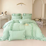 Popxstar Korean Princess Style Lace Ruffles Bedding Set Solid Color Duvet Cover Set Flat/Fitted Bed Sheet Pillowcases With Pillowcases