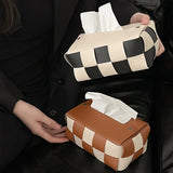 Popxstar Checkerboard Woven Tissue Box PU Leather Napkin Case Living Room Office Desktop Home Decoration Creative Paper Towel Cover