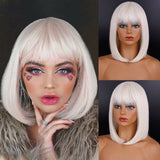 Popxstar Synthetic Wig Short Straight With Bangs Pink Black Purple Blond White Wig Female Short Bob Halloween Christmas Party Cosplay Wig