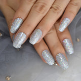 Popxstar Holo Glitter Pink Nude French Ballerina Coffin False Nails Gradient Natural Press on Fake Nails Tips Daily Office Finger Wear