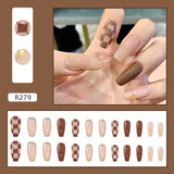 Popxstar 24Pcs Brown Pink Wavy Lines Detachable Long Ballerina False Nails With Glue Press On Fake Full Cover Nail Tips Manicure Tools