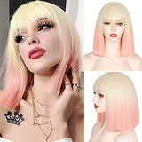 Popxstar Synthetic Wig Short Straight With Bangs Pink Black Purple Blond White Wig Female Short Bob Halloween Christmas Party Cosplay Wig