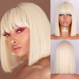 Popxstar Synthetic Wig Short Straight With Bangs Pink Black Purple Blond White Wig Female Short Bob Halloween Christmas Party Cosplay Wig