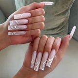 Popxstar 24Pcs Brown Pink Wavy Lines Detachable Long Ballerina False Nails With Glue Press On Fake Full Cover Nail Tips Manicure Tools