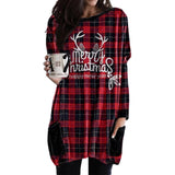 Popxstar All-match Dress Ladies Christmas Elk Print Plaid Plus Size Casual Long-sleeve Pocket Female Round Neck Loose Dresses Pullover