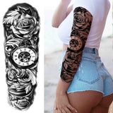 Popxstar Black God Wolf Temporary Sleeve Tattoos For Women Men Adult Skull Geometric Tattoo Sticker Fake Flower Full Arm Tatoos Realistic