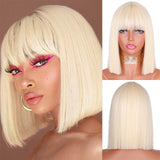 Popxstar Synthetic Blonde Wig with Bangs Short Wigs for Women Golden Wig Straight Bob Wig Natural Heat Resistant Wigs 11 Inches for Party