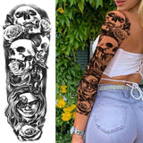 Popxstar Black God Wolf Temporary Sleeve Tattoos For Women Men Adult Skull Geometric Tattoo Sticker Fake Flower Full Arm Tatoos Realistic