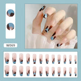 Popxstar 24Pcs Brown Pink Wavy Lines Detachable Long Ballerina False Nails With Glue Press On Fake Full Cover Nail Tips Manicure Tools