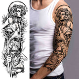 Popxstar Black God Wolf Temporary Sleeve Tattoos For Women Men Adult Skull Geometric Tattoo Sticker Fake Flower Full Arm Tatoos Realistic