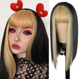 Popxstar Synthetic Wig Short Straight With Bangs Pink Black Purple Blond White Wig Female Short Bob Halloween Christmas Party Cosplay Wig