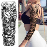 Popxstar Black God Wolf Temporary Sleeve Tattoos For Women Men Adult Skull Geometric Tattoo Sticker Fake Flower Full Arm Tatoos Realistic