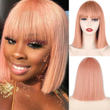 Popxstar Synthetic Wig Short Straight With Bangs Pink Black Purple Blond White Wig Female Short Bob Halloween Christmas Party Cosplay Wig