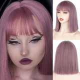 Popxstar Synthetic Wig Short Straight With Bangs Pink Black Purple Blond White Wig Female Short Bob Halloween Christmas Party Cosplay Wig