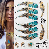 Popxstar 1 sheet Flash Boho Metallic Gold Feathers Shimmering Jewellery Festival Temporary Tattoo