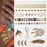 Popxstar 1 sheet Flash Boho Metallic Gold Feathers Shimmering Jewellery Festival Temporary Tattoo