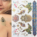 Popxstar 1 sheet Flash Boho Metallic Gold Feathers Shimmering Jewellery Festival Temporary Tattoo