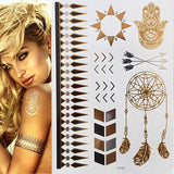 Popxstar 1 sheet Flash Boho Metallic Gold Feathers Shimmering Jewellery Festival Temporary Tattoo
