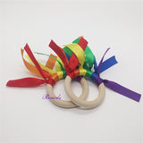 Popxstar Newest 20pcs/lot Rainbow Ribbons Wooden Ring  for Teething Waldorf Toy